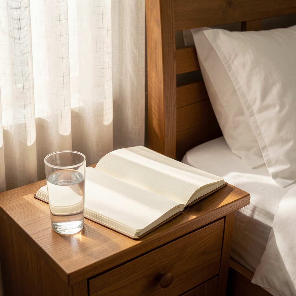 Open bedside notebook and glass of water on a wooden nightstand, soft morning light filtering through linen curtains